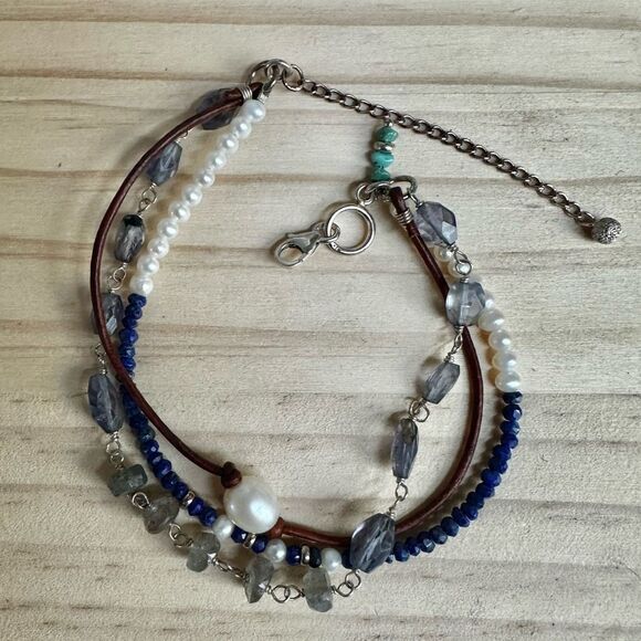 Sterling Silver Labradorite, Lapis, Pearl & Leather multi strand Bracelet - Picture 1 of 9